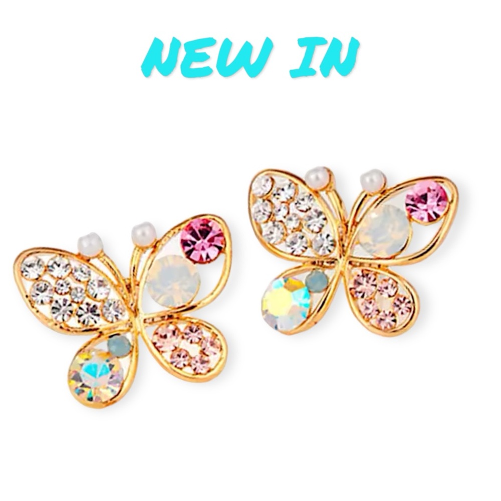 New Vintage Jewelry Gold Tone Alloy Butterfly Stud Earrings w Crystal Rhinestone